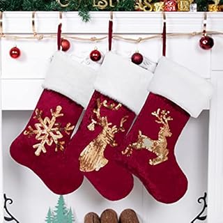 NEW Large Set of 4 Red Scotland Plaid Classic Christmas Stockings with Black Faux Fur Plush Cuff Traditional Hanging Xmas Stockings for Christmas Fireplace Decorations Socks 4 Pack