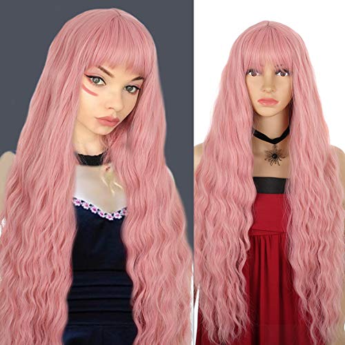 Kachanaa 26 Inch Pink Wigs With Bangs Long Loose Wavy Synthetic Natural Curly Heat Resistant Wig for Cosplay Daily for Black Women (Pink)
