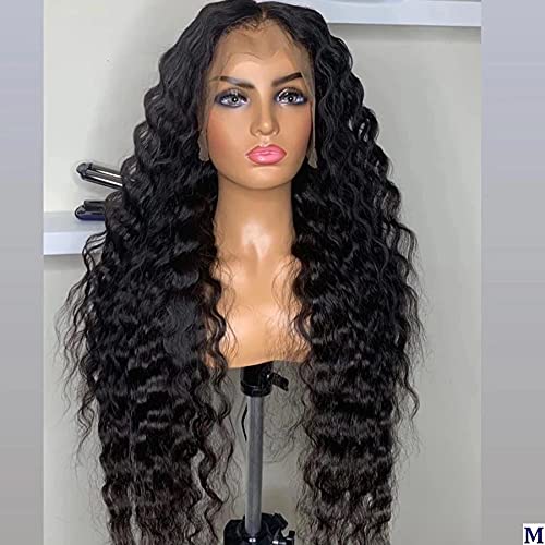 SIMBEAUTY 180 Density Deep Wave Glueless Lace Front Wig Natural Looking Curly Synthetic Hair Wig Pre Plucked Nautral Hairline for Daily Use (Black deep wave, 24 inches)