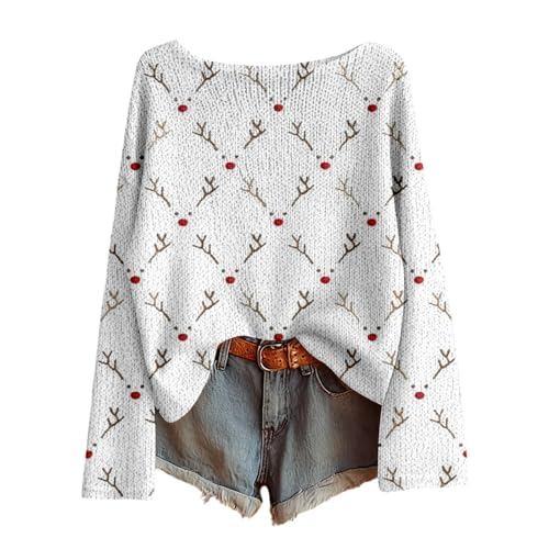 Christmas Jumpers for Women Cute Reindeer Prints Long Sleeve Knit Xmas Sweater Elegant Casual Crewneck Ladies Christmas Jumper Fall Winter Loose Xmas Pullover Sweatshirt (AB-White, S)