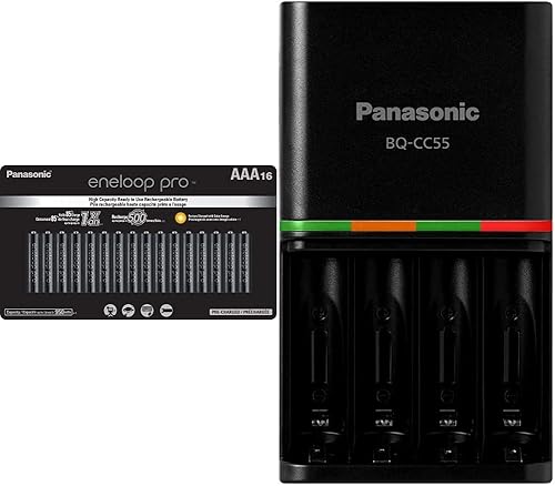 Eneloop Panasonic Pro NiMh AAA Baterías 1.2V 16pk recargable y cargador de batería rápido de 4 horas con 4 luces indicadoras LED