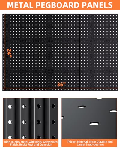 INCLY 6 Pack 12"x12" Black Metal Pegboard Panels, Heavy Duty Pegboard Wall Organizer with Frame, Black Peg Board for Walls, Garage, Workbench, Shed, Kitchen, Craft Room Tool Organization - Image 5
