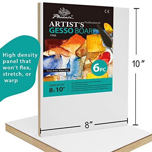 Phoenix Gesso Boards For Painting - 8X10 Inch / 6 Pack - Smooth Surface 3/4 Inch Cradled Wood Panels For Oil & Acrylic Paints, Crafts & Pouring Art #TOP4