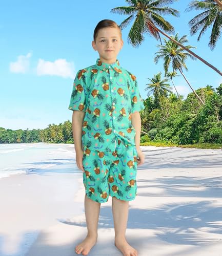Image of UNICOMIDEA Boys Hawaiian Outfits Kids Summer Beach Outfit 2 Pieces Tropical Button Down Shirts and Swim Trunks Hawaii Pineapple Sets Size 5 6