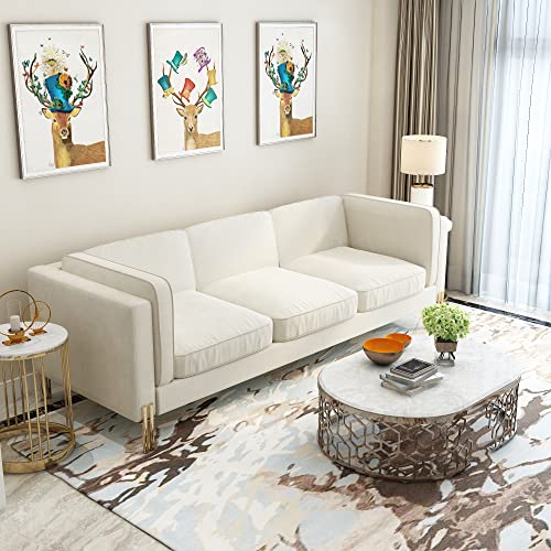 Yoglad Living Room 3 Seat Settee Luxury Velvet Contemporary Futon, Track Arms Sofa, Couch With Golden Metal Legs, Furniture For Living Room, Apartment, Reception (94 Inch, Beige) #TOP3