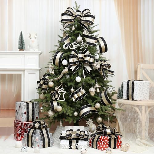 MAYREEL Black Crushed Velvet Wired Ribbon 4 Inch Extra Wide Christmas Ribbon with Champagne Gold Glitter Stripe, 10-Yard Roll for Christmas Tree, Wreaths, Bows & Elegant Holiday Décor by MAYREEL - Image 2