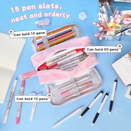 Image of iSuperb Big Capacity Corduroy Pencil Case 3 Compartments Pen Pouch Simple Organizer Bag Large Capacity Pencil Box for Adults (Pink)