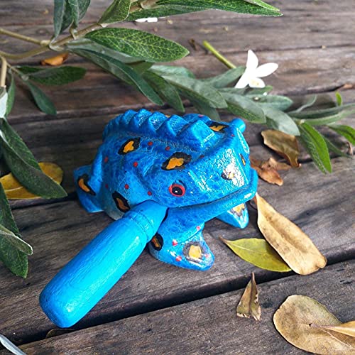 Cozinest 4\" Wooden Frog Percussion Instrument Wood Frog Guiro Rasp Tone Block Thailand Handcraft Musical Lucky Frog Home Office Decoration Adorable Gift (Blue)
