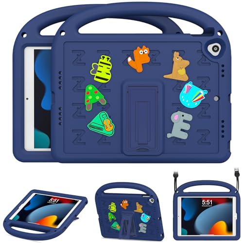 Andnary Kids Case for iPad 9th/8th/7th Generation 10.2 inch 2021/2020/2019 Lightweight Shockproof EVA iPad Cases with Adjustable Stand/Adjustable Strap/Anti-Slip Handle (Navy+Blue)