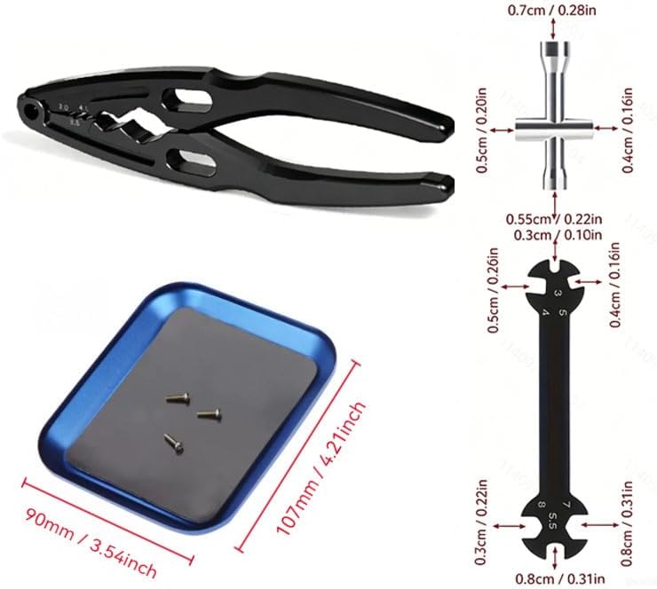 RC Car Repair Tools: Shock Pliers, Repair Pliers, Tie Rod Ball Joint Removal Tool, Repair Screwdriver Set, Small Phillips Socket, Tie Rod Adjustment Wrench, Black (4-Piece Set)