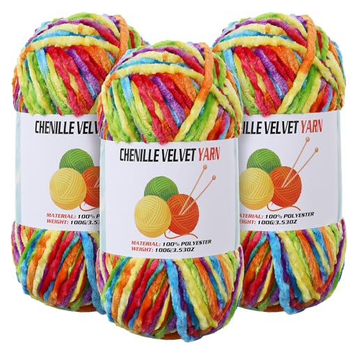 Image of 3 * 100g Velvet Chenille Chunky Yarn for Crocheting, Handcrafts Weaving Soft Chenille Yarn for Crocheting Clearance, Used for Making Baby Yarns Blanket, Clothes, Knitting Creations (Bright Rainbow)