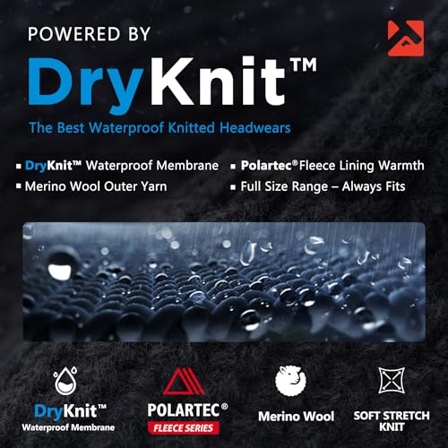 Image of Oversized L /XL /XXL DryKnit Waterproof Merino Wool Blend Beanie Fleece Lined Knit Hat for All-Weather Winter