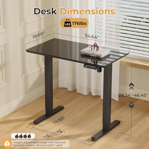 Image of JOY worker Small Glass Standing Desk, 35 inch x 20 inch Electric Whole Piece Height Adjustable Desk with 4 Lockable Casters, Mobile White Sit to Stand Workstation for Home Office, Black