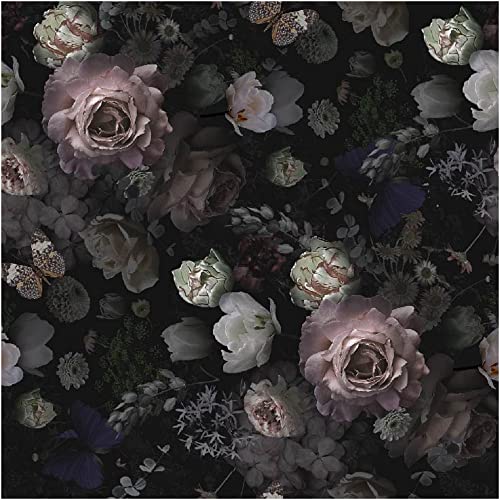 UniGoos Oil Painting Rose Flower Peel and Stick Wallpaper Retro Black Background Peony Removable Wall Paper Vintage Self Adhesive Contact Paper for Bedroom DIY Decor 17.7 x118.1