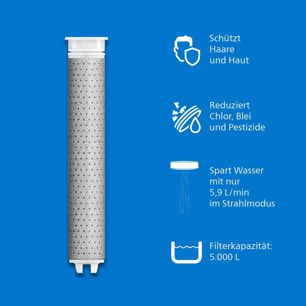 Philips Water Duschkopf mit Filter - Ersatzfilter 3 PACK, entfernt effektiv Chlor und andere große Partikel, 1 Monat Filterkapazität, Weiss