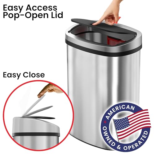 Image of iTouchless 13 Gallon Trash Can with Odor Control System - Stainless Steel Garbage Bin, Press-Top Soft-Close Spring Lid, Fingerprint-Resistant for Kitchen, Home Office, Restroom, Black Push-Top Lid