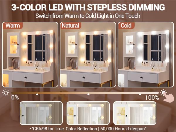 GarveeTech Vanity Desk with Mirror and Lights, Makeup Dressing Table w/Adjustable Bulbs, Outlets & USB Ports, Sturdy MDF Top & Metal Leg, Smart Storage Drawers & Cabinets for Bedroom by GarveeTech - Image 5