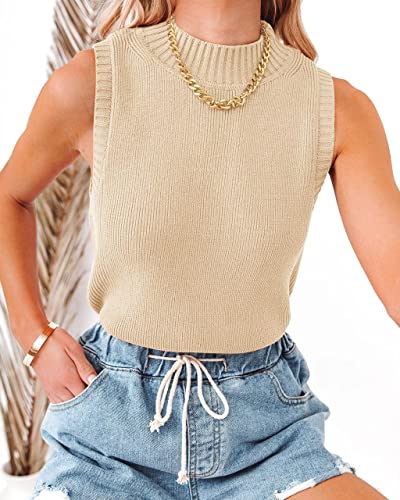 Rilista Women's Summer Knit Tank Tops Mock Neck Sleeveless Turtleneck Solid Stretchy Sweater Vest Beige #TOP1