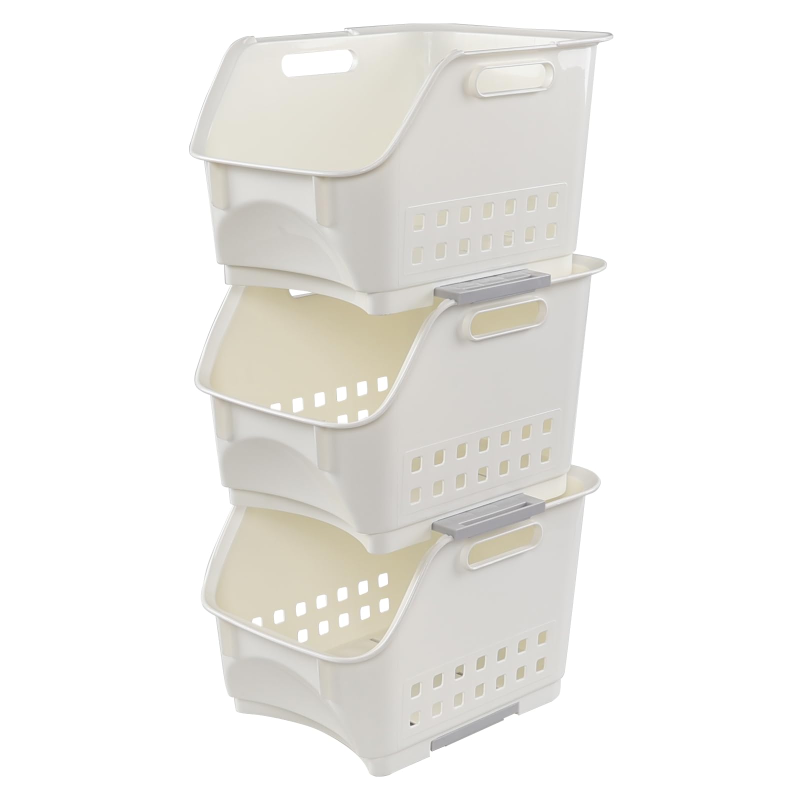 Obstnny Paquete de 3 cestas de almacenamiento apilables de plástico, color blanco