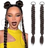 2Pcs Braided Ponytail Extensions with Hair Ties Soft Synthetic Hair Pieces Straight Wrap Around Hair Extensions Pony Tail Hairpieces Accessories for Women Daily Wear 16 Inch (Brownish Black)