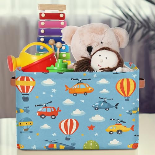 Image of Cars Helicopters Storage Baskets for Organizing, Fabric Collapsible Storage Bins Box Cartoon Decorative Toy Organizer Baskets for Closet Shelves Gift Basket 1 Pc