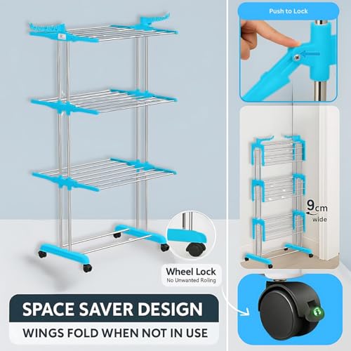 Image of Premium 3 Layer Clothes Drying Stand with Wheels | Foldable Wings | Double Pole Alloy Steel Rack | 360 Rotatable Hanger Rods | Portable Balcony Laundry Dryer Space Saving | 43.2D x 78.7W x 165H cm
