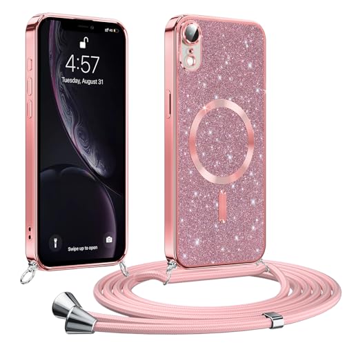 Phoona handyband Hülle für iPhone XR mit Band, Glitzer Handyhülle Kompatibel mit MagSafe, Ganzkörperschutz Kratzfeste Stossfest Schutzhülle mit Einstellbar Kette, Rosa