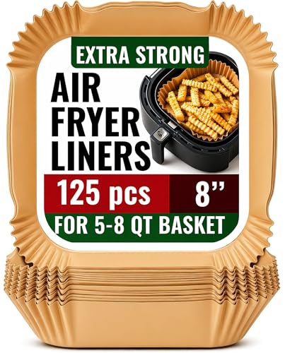 Air Fryer Paper Liners, 125Pcs Air Fryer Disposable Liners, Non-Stick and Oil Proof for Easy Cleanup, 8” Square for 5-8 qt Basket by Baker's Signature