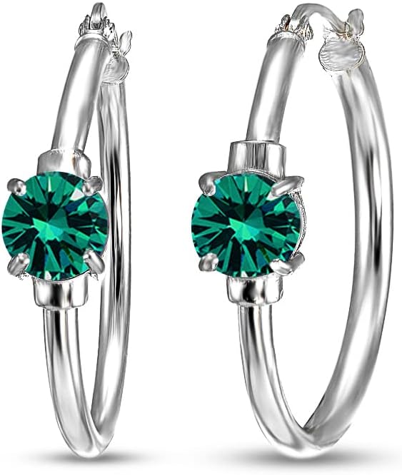 Sterling Silver Round Solitaire 25mm Hoop Earrings Made with European Crystals