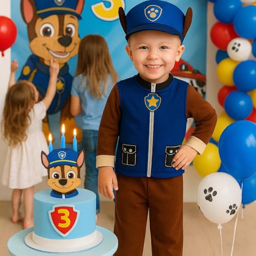 Image of WANNA PARTY Cute Cartoon Paw Chase Marshall Costume with blue backback for Boys for Birthday Outfit,Halloween, Pretend Play Costume Dress for Boys.Size-3 to 5 years