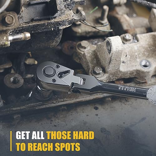 Yiyeie 6-Piece Flex Head Ratchet Set, 1/4", 3/8", 1/2 Inch Drive, Swivel Head Ratchet Wrench With Extension Bar, 72 Tooth, 180° Adjustable, Quick-Release, Flexible Ratchet Handle With Eva Foam thumb #1