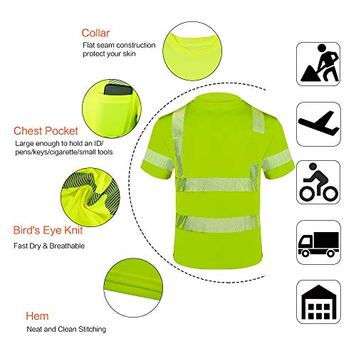 FONIRRA Hi Vis Safety T Shirt with Pocket for Men Work ANSI Class 2 Reflective Short Sleeve(Yellow,L)