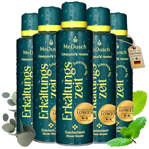 MeDusch Espuma de ducha con tiempo de resfriado (200 ml) – El baño para el resfriado para la ducha, fabricado en Alemania, ducha de resfriado con mentol y aceite de eucalipto, natural y sostenible