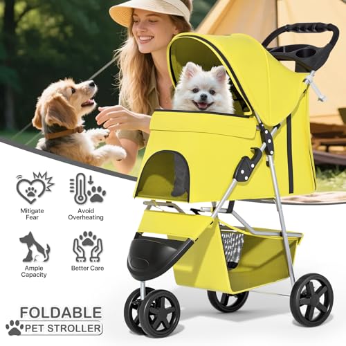 Image of MoNiBloom Foldable Pet Stroller with Waterproof Cover, 3-Wheels Dog Strolling Cart for Small /Medium Dogs and Cats with Storage Basket and Cup Holder, Breathable and Visible Mesh for All-Season, Yellow