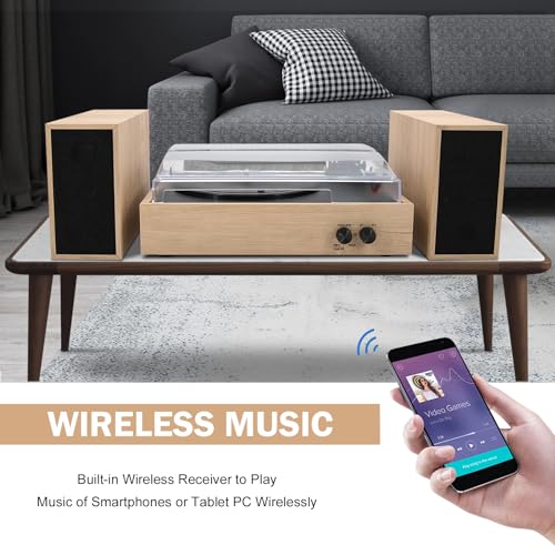 LP&No.1 Wireless Vintage Turntable with Stereo Bookshelf Speakers,3-Speed Belt-Drive Record Player with Wireless Input,Auto-Stop,Acrylic Dust Cover,Burlywood