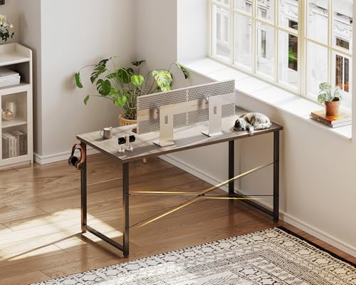 Image of Casaottima 48 Inch Small Computer Desk for Home Office, Study Writing Table for Small Spaces, Simple Modern Desk with Headphone Hooks, Grey Oak