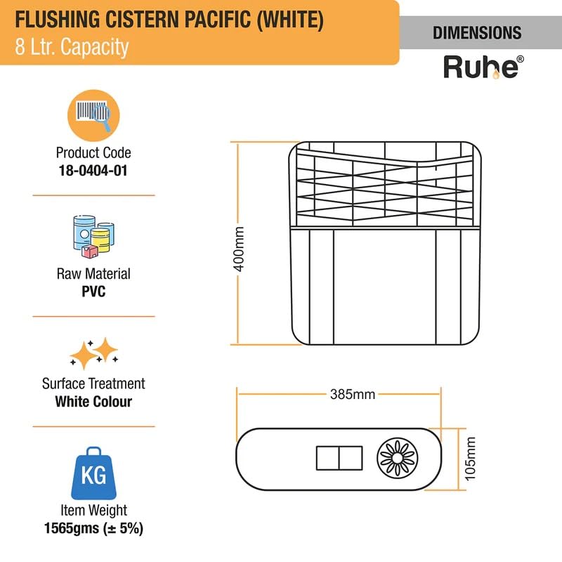 Ruheยฎ Pacific Flushing Cistern Flush Tank for Toilet | 8 Liter Water Capacity | PVC Slim Cistern Top Push Botton Flush Tank, White 4