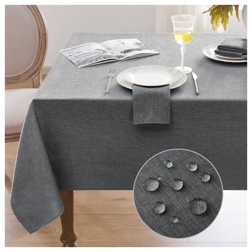 Softalker Tovaglia Antimacchia 240 x 140 cm Rettangolare in Finto Lino Tovaglie Lavabile Impermeabile per Protezione Tavolo per Natalizia Feste, Compleanno, Matrimonio (1 pezzo, Grigio, 8-10 posti)