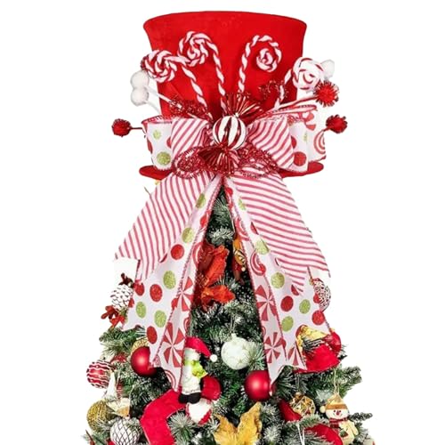 Christmas Tree Topper Hat, Christmas Tree Topper Hat with Candy Cane Ribbon, Candy Cane Tree Topper for Tree Winter Holiday Party Decor (Red, 25cmx21cmx21cm)