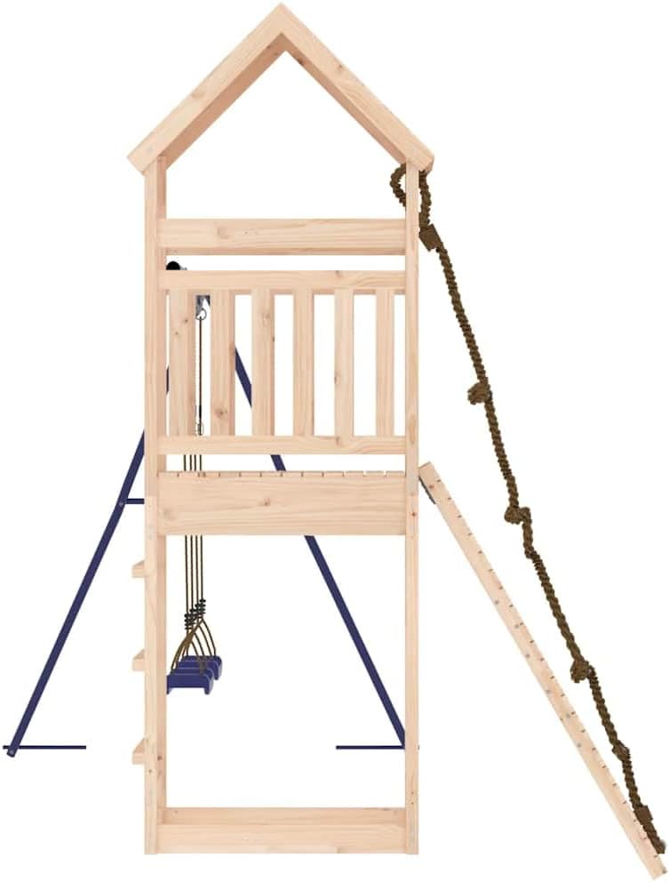 Outdoor Playset with Climbing Wall and Double Swings, Solid Pine Wood Construction, Rustic Brown Finish, Blue Polypropylene Swing Seats, 101.2 cm Wide, 124.0 cm Long, 103.9