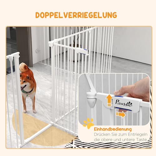 PawHut Welpenauslauf faltbar 90cm Hoch Freilaufgehege mit 8 Paneelen, Welpenlaufstall mit abschließbarer Tür, Hundelaufstall für drinnen und draußen, für mittelgroße Hunde, 154x154x90 cm, Weiß
