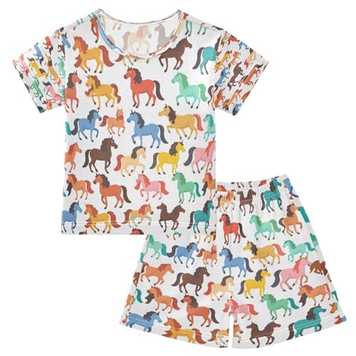 Green Yellow Horse Kids Pjs Set Boys Girls Summer Short-Sleeve Sleepwear Pajamas 2PCS