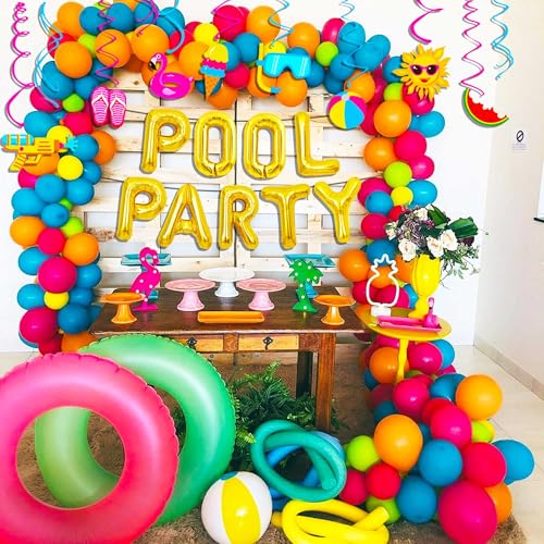 Image of Summer Pool Beach Hanging Swirls 15 Pack Foil Ceiling Hanging Swirls Pool Party Balloons Swimming Pool Party Favors Beach Party Banner Beach Party Balloons