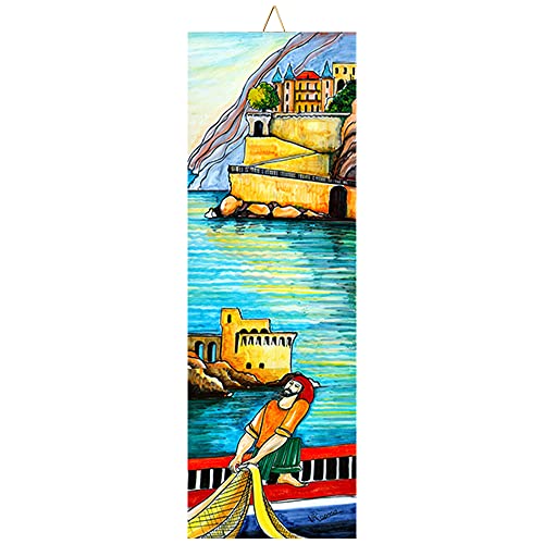 Baldosa cerámica cm. 10x30 con Impresión de un Paisaje de la Costa de Amalfi, Paisaje costero 1, Azulejo Ornamental para Colgar.