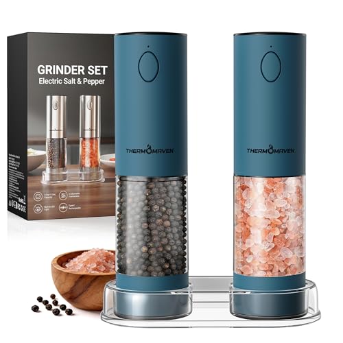 Image of ThermoMaven Electric Salt and Pepper Grinder Set, 110ml Larger Rechargeable Automatic Salt and Pepper Mill Grinder with 6 Adjustable Coarseness, Electric Salt and Pepper Shakers, LED, Navy Blue