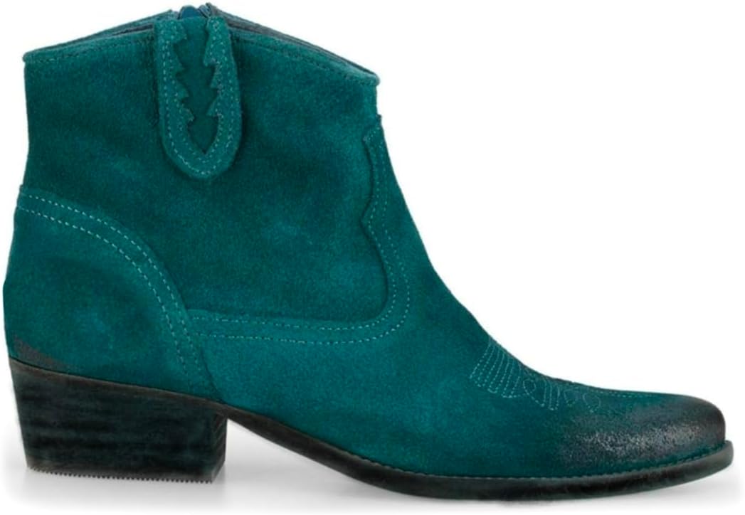 Vintage Western Ankle Boots Women Embroidered Low Chunky Stacked Heel Cowboy Booties Pointed Toe Suede Short Cowgirl Boots Side Zipper Burnished Matte Leather Two-Toned Fall Boot 4-11 M US
