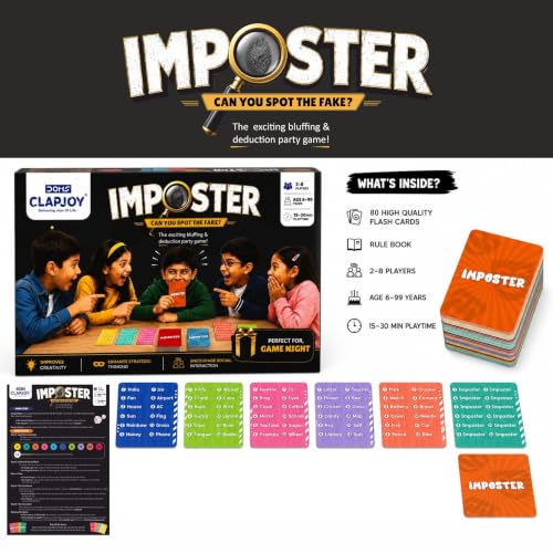 Image of Clapjoy Board & Card Game - Imposter: Can You Spot The Fake? | 80 Cards | Bluffing & Deduction Party Game | Family Game Night | 15-30 Min Playtime | 2-8 Players | Gift for Ages 6, 7, 8, 9 & Up