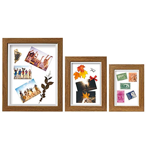 ArtbyHannah 3Pack Walnut Shadow Box Picture Frame Set with Glass Cover,Display Case with Mat for Free-Standing Picture Showcase,size:4x6,5x7, 8x10Inch