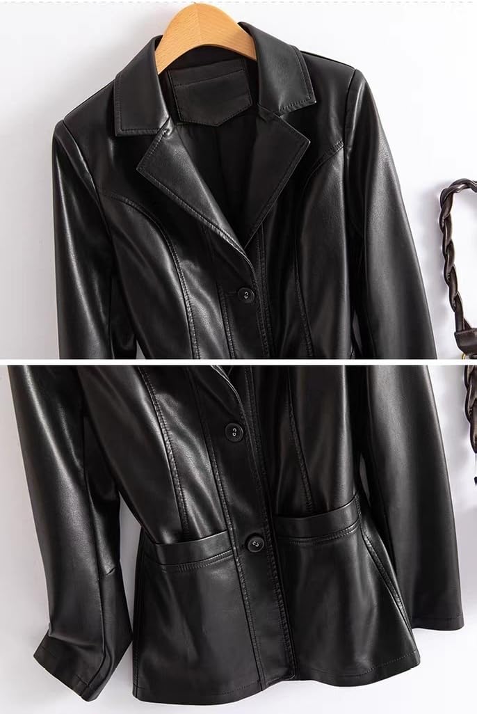 Blazer in Vera Pelle Morbida da Donna Classico con 2 Bottoni Stile Casual Giacca in Vera Pelle di Agnello con Tasche Autunno Primavera Inverno Capospalla alla Moda