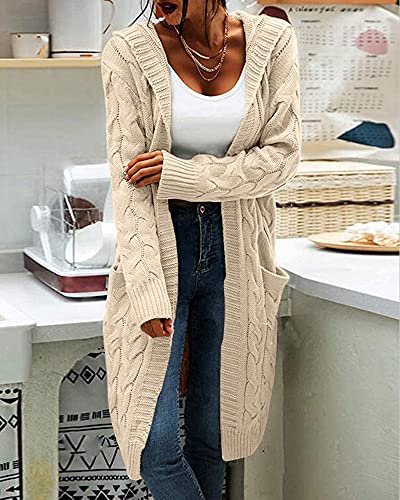 Women Hooded Open Front Cardigan Cable Knit Sweaters Solid Color Chunky Long Sweater Coats2